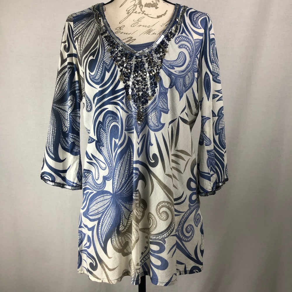 Breezy Cotton Sequin Embellished TropicalPrint Top